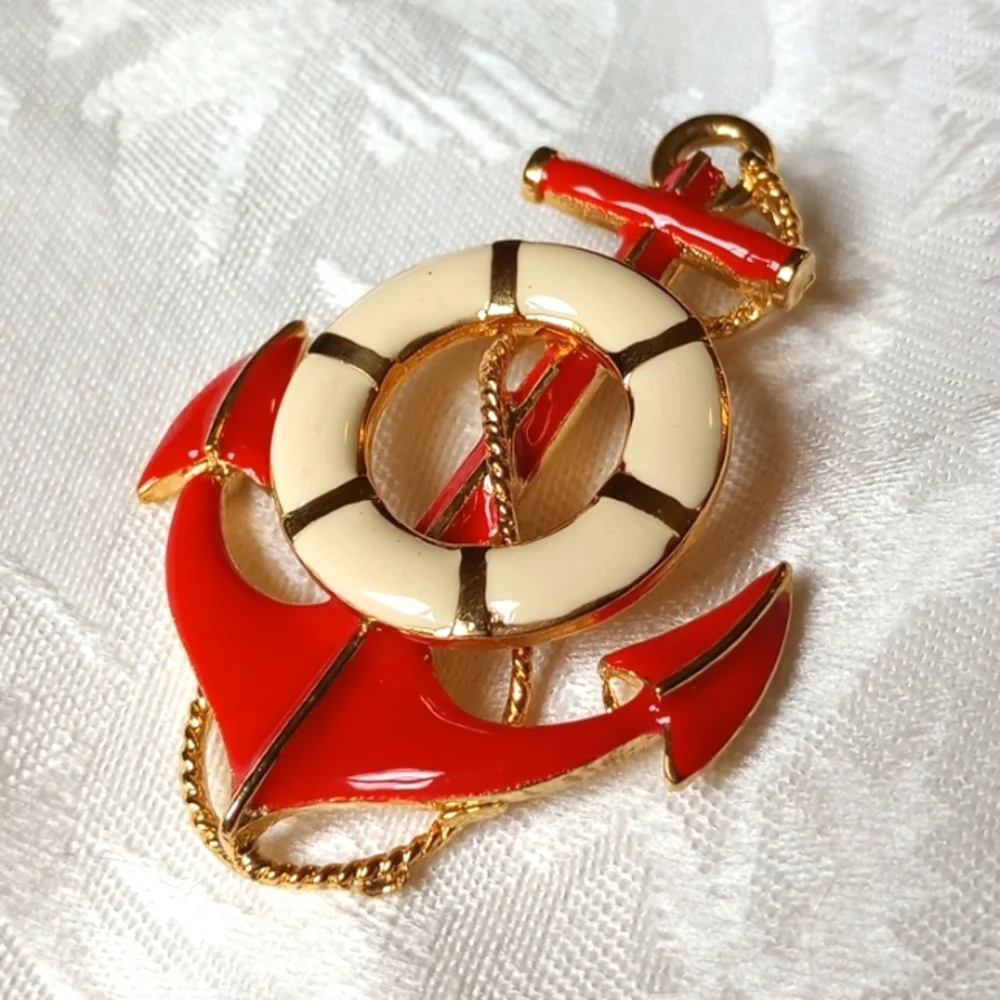 Nautical Brooch Red White Anchor Ring Enamel Gold Tone Pin 2x2in